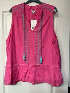 crown & ivy Hot Pink Sleeveless Peasant Top with Turquoise Blue Tassels 2X